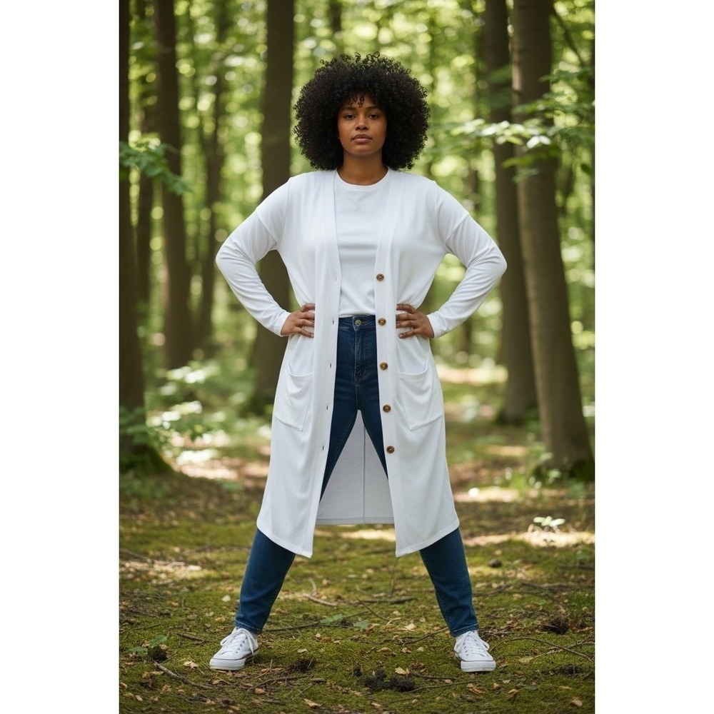 Unbranded White Longline Button Front‎ Cardigan Duster with Pockets XL